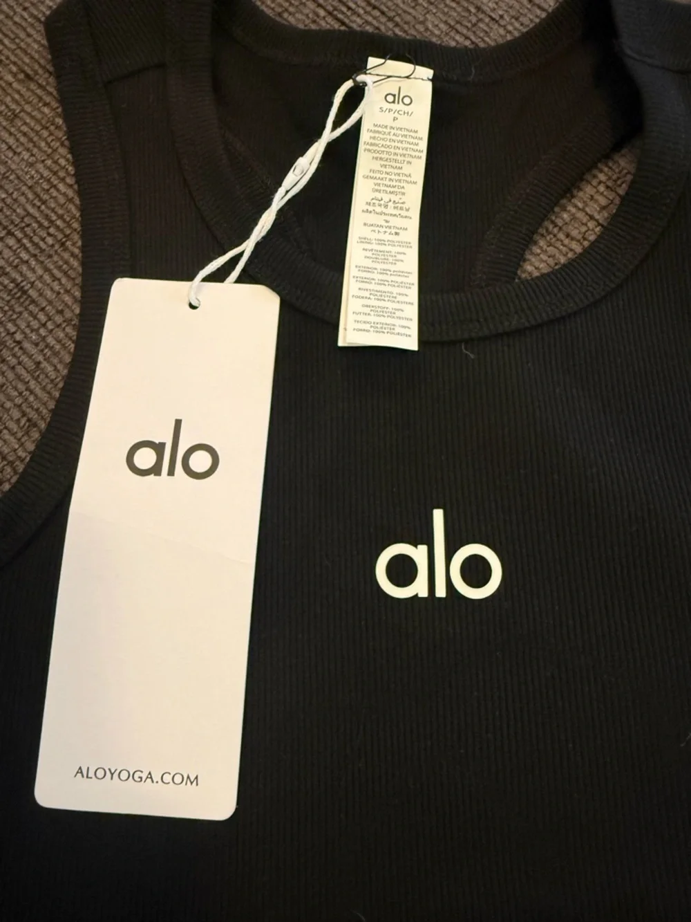 ALO Yoga Black Crop Tank Top with White Logo - Picture 4 of 5